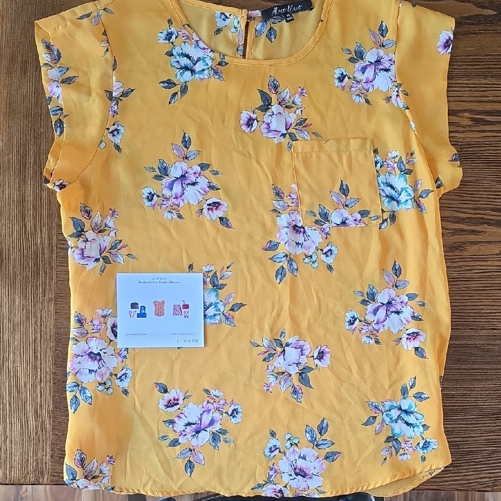 Alice Blye Yellow Floral Short Sleeve Pocket Blouse